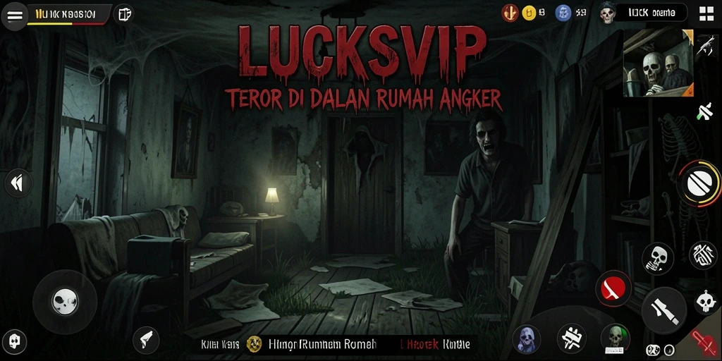 Tampilan antarmuka menyeramkan LUCKSVIP saat menjelajah rumah hantu.