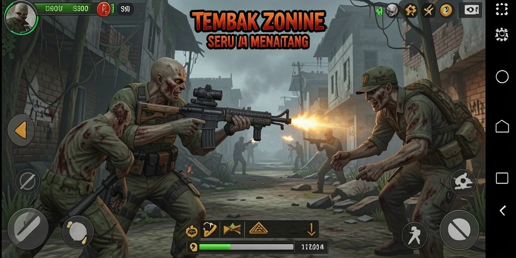 Antarmuka permainan S80 saat menembak zombie yang menyerang.